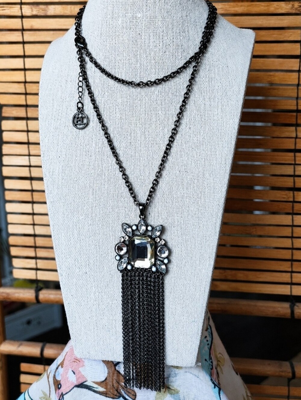 Erica Lyons Emerald Cut Citrine Gunmetal Chain Clear Rhinestone Tassel Necklace